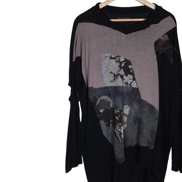 Allsaints Top XS Asymmetrical Bell Wave Black Graphic Draped Grunge Avant Garde - Picture 3 of 15